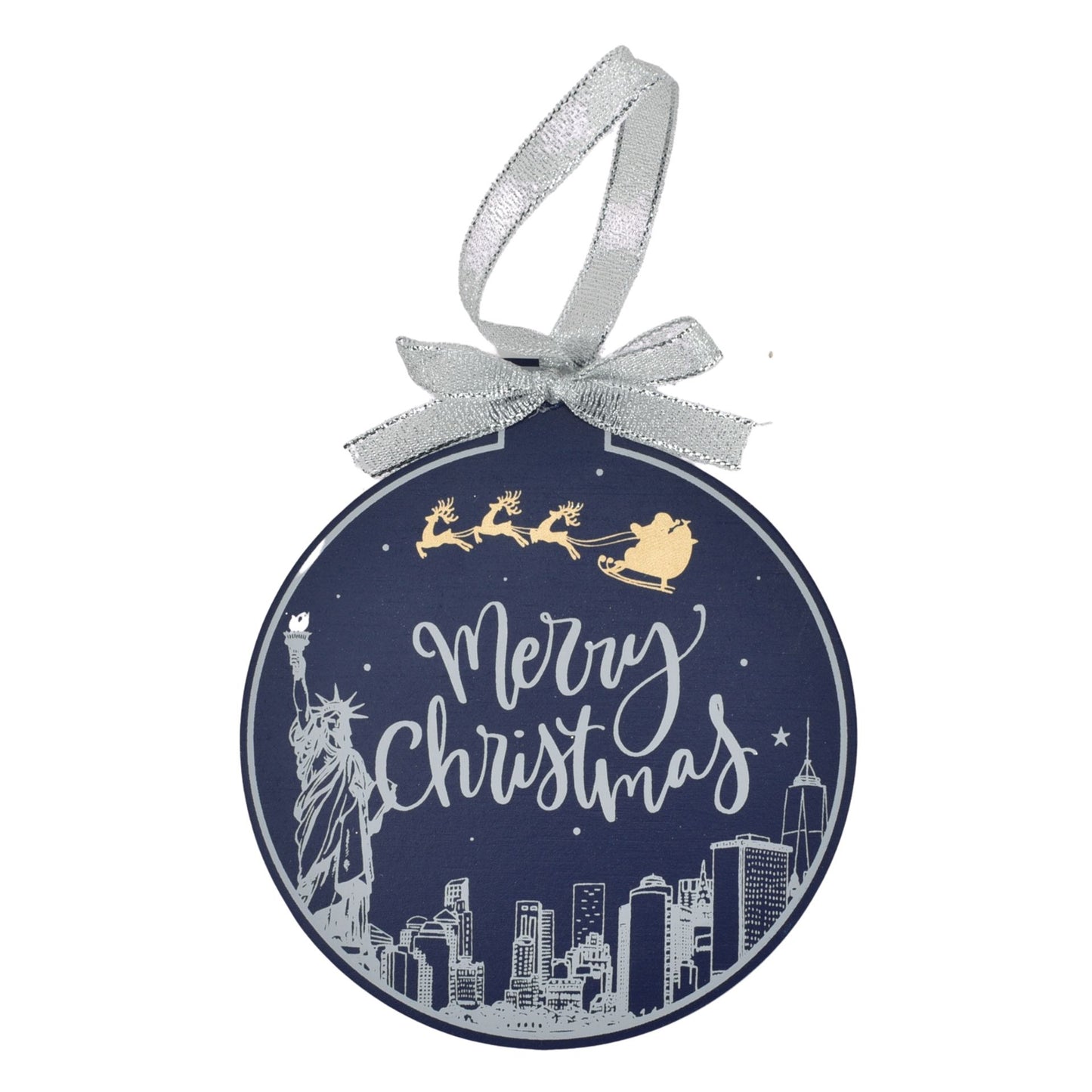Decorative Christmas ornament with 'Merry Christmas' text, Statue of Liberty, and city skyline on a blue background.